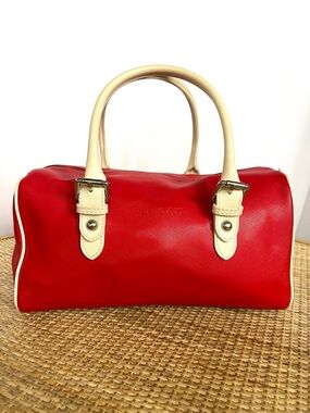 Pulicati Bowler Italian Leather Satchel Cherry Red Cream Bowling Silver accents